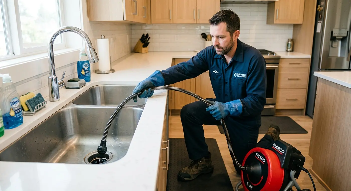 Drain cleaning technician using a motorized snake on a kitchen sink in Yelm