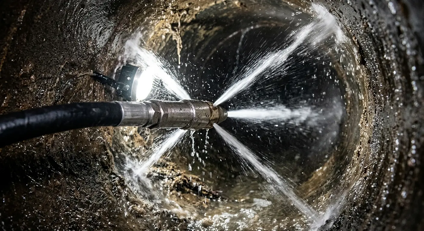 High-pressure hydro jetting nozzle cleaning sewer pipe for Sewer Line Relining in Yelm