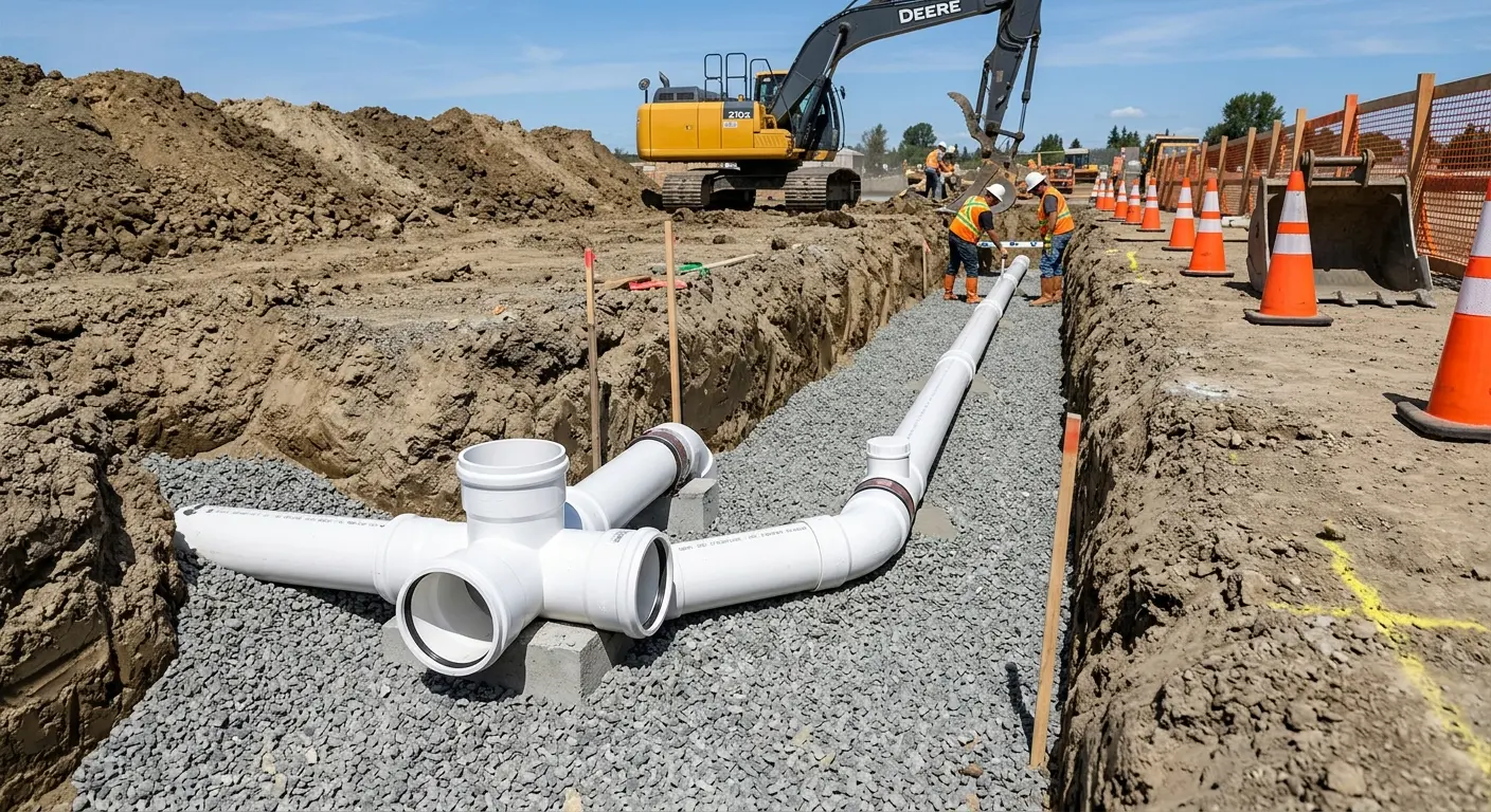New PVC sewer pipe installation in open trench for Commercial Drain Cleaning in Yelm
